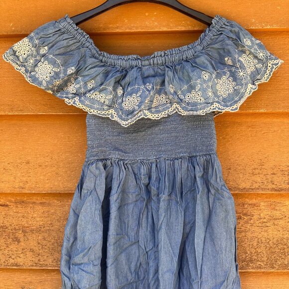 Off-The-Shoulder Chambray Dress With Floral Embroidery & Smocked Bodice Size S X - Picture 6 of 10